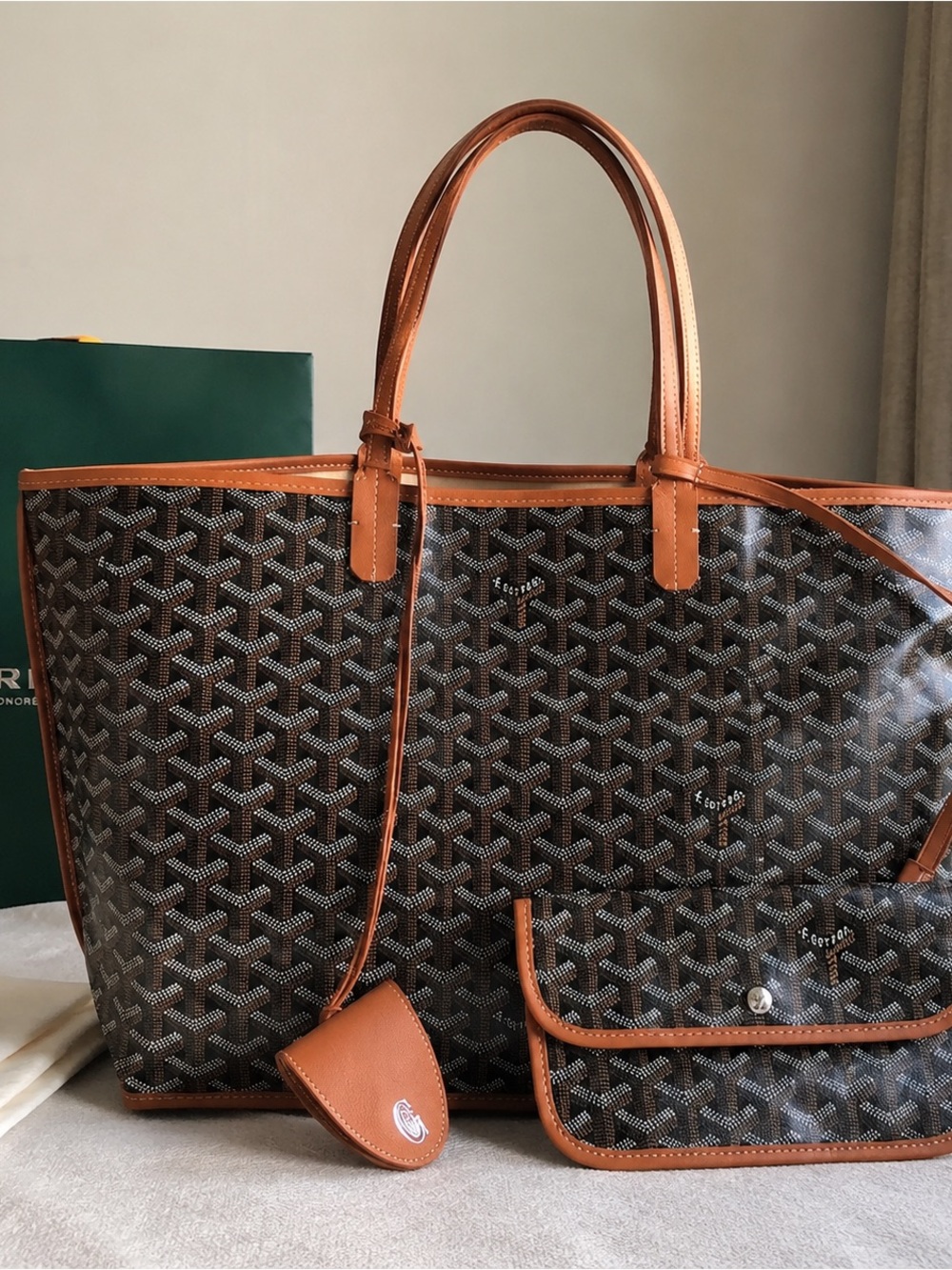 Goyard Brown Signature Chevron Tote with Tan Leather Trim
